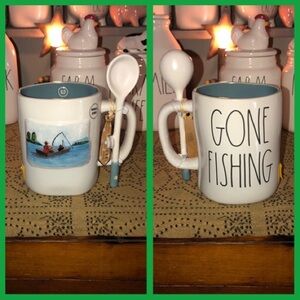 Rae Dunn GONE FISHING Double Sided Mug with Spoon